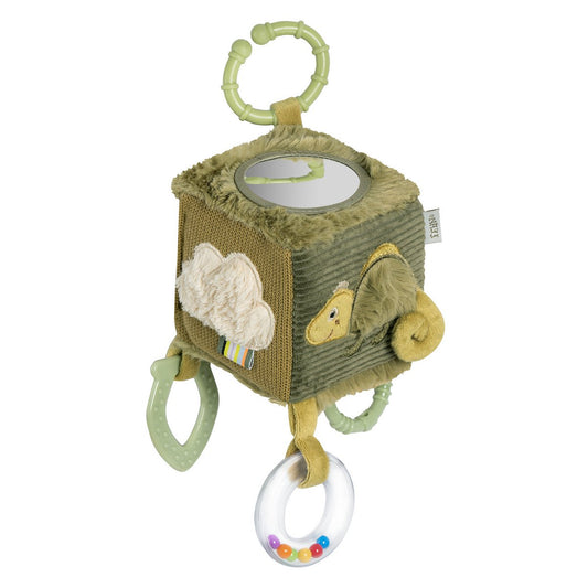 Fehn activiteitenkubus met kameleon voor babyspeelgoed, stimulatie van motoriek en ontdekking