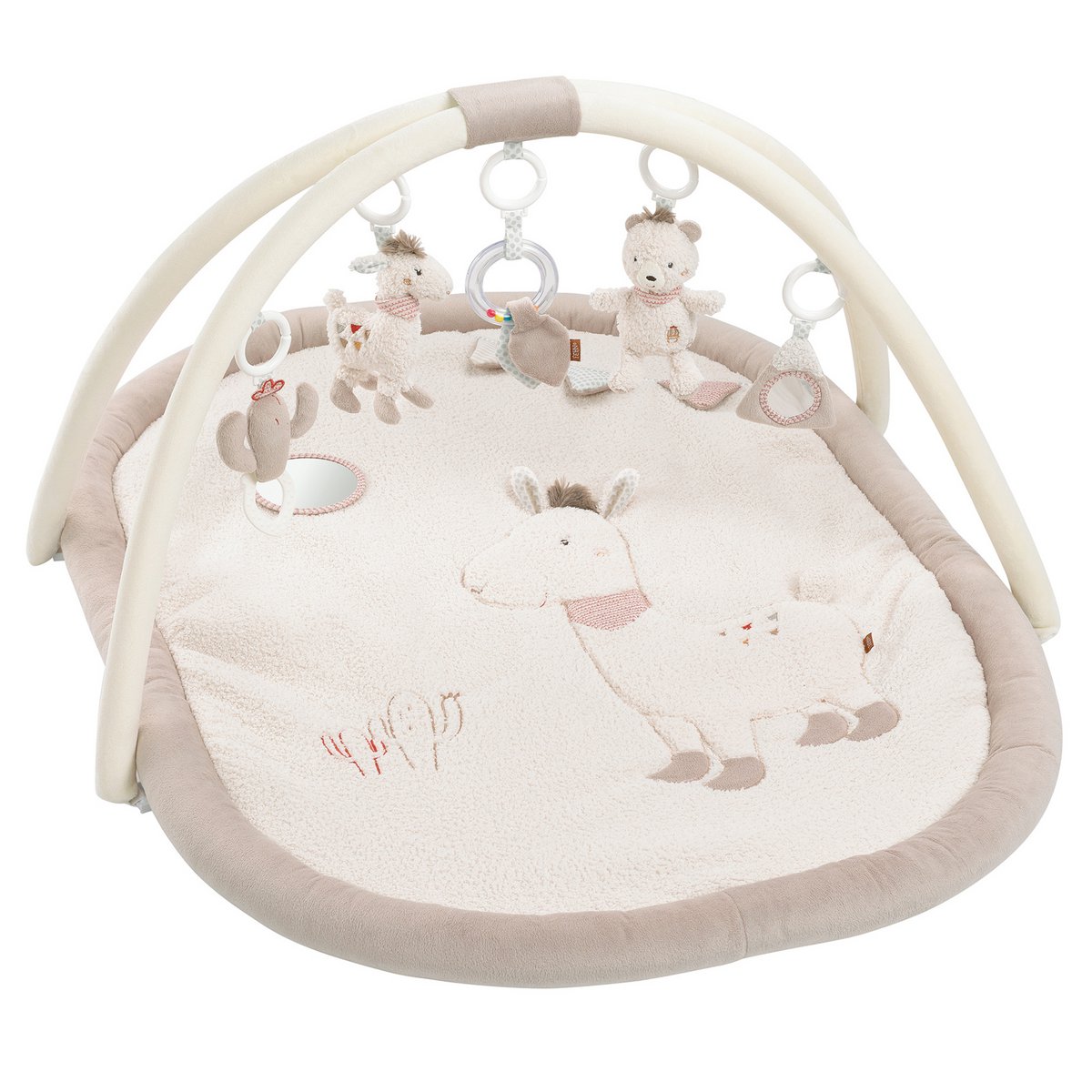 Babygym Lama Peru van Fehn met zacht speelkleed, hangende figuren en diverse speelfuncties voor baby’s.