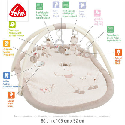 Babygym Lama Peru van Fehn met zacht speelkleed, hangende figuren en diverse speelfuncties voor baby’s.