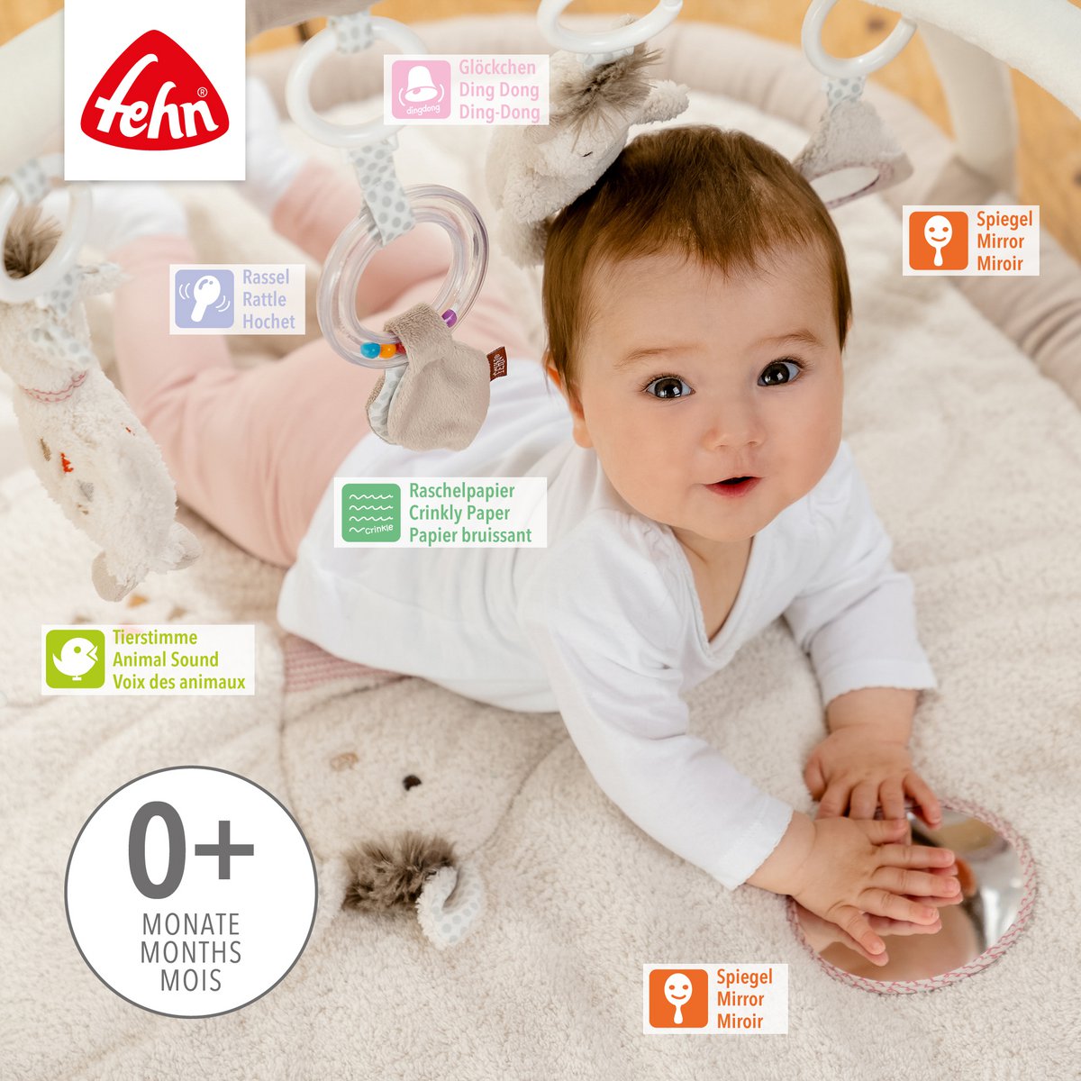Babygym Lama Peru van Fehn met zacht speelkleed, hangende figuren en diverse speelfuncties voor baby’s.
