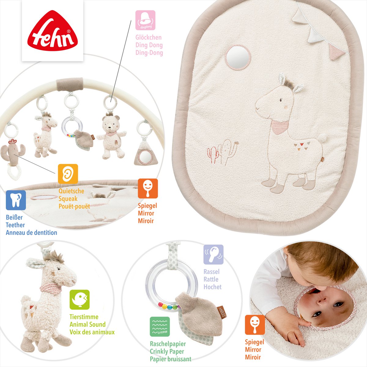 Babygym Lama Peru van Fehn met zacht speelkleed, hangende figuren en diverse speelfuncties voor baby’s.
