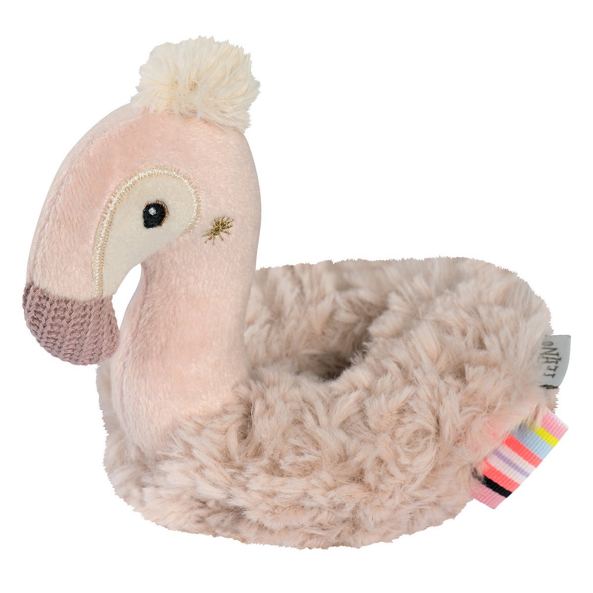 Zachte flamingo rammelaar ring van Fehn, ideaal babyspeelgoed om te grijpen, voelen en luisteren.