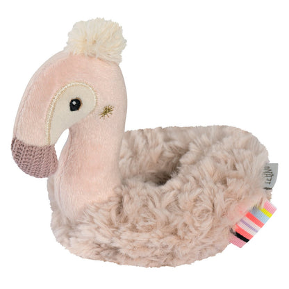 Zachte flamingo rammelaar ring van Fehn, ideaal babyspeelgoed om te grijpen, voelen en luisteren.