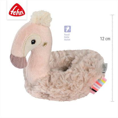 Zachte flamingo rammelaar ring van Fehn, ideaal babyspeelgoed om te grijpen, voelen en luisteren.