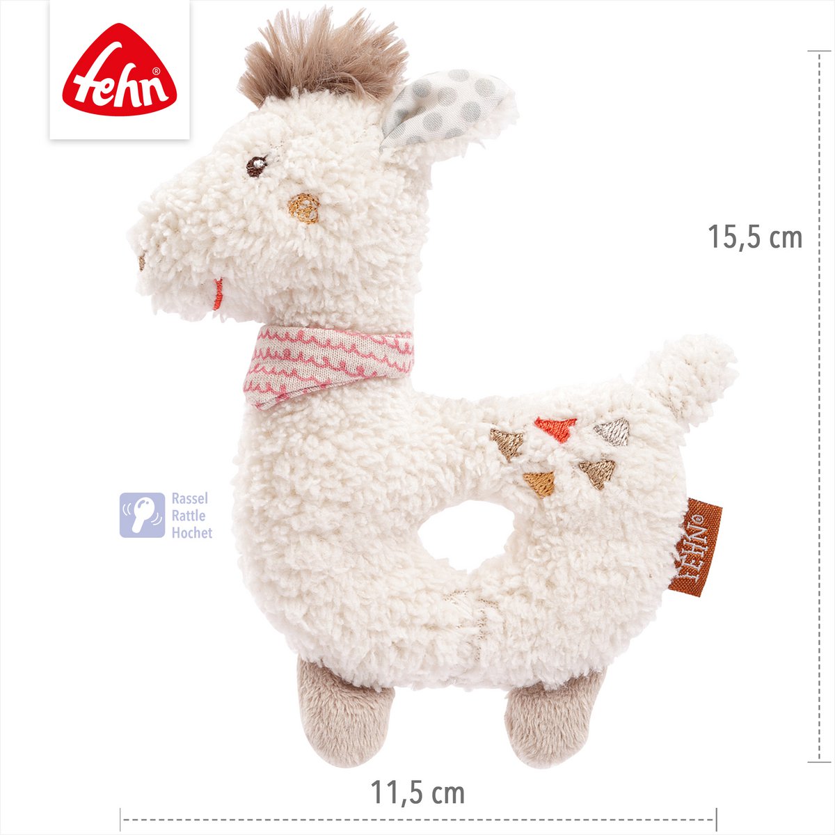 Zachte lama ringrammelaar van Fehn in wit en beige, babyspeelgoed dat gehoor, tast en motoriek stimuleert.