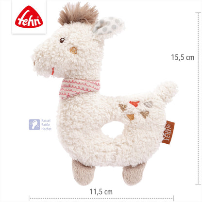 Zachte lama ringrammelaar van Fehn in wit en beige, babyspeelgoed dat gehoor, tast en motoriek stimuleert.