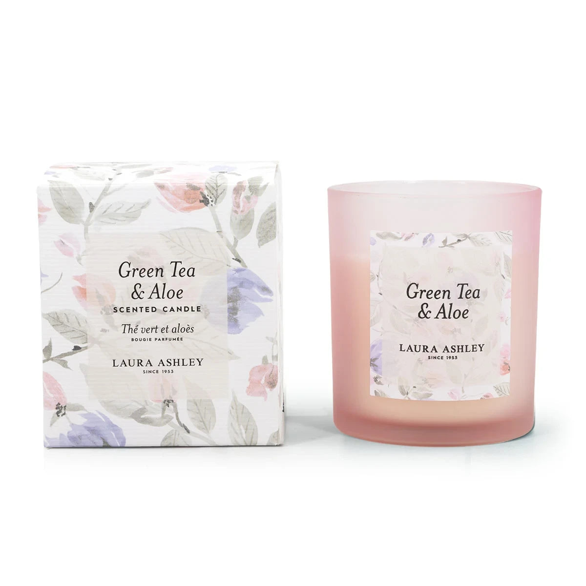 Laura Ashley geurkaars Green Tea & Aloe Vera – roze geurkaars met frisse geur voor sfeer en rust in huis.