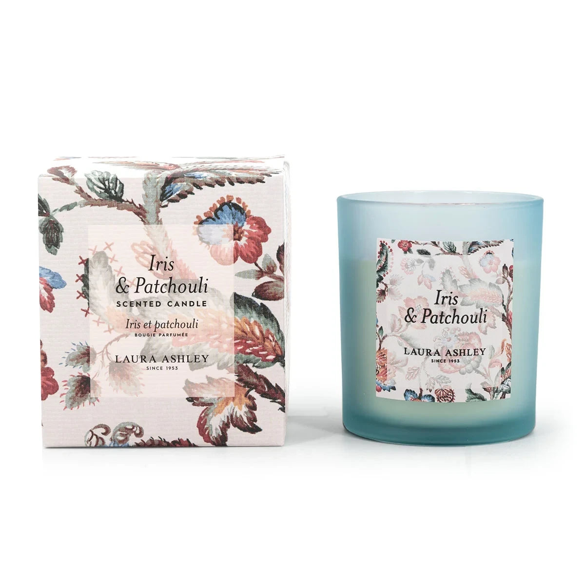 Laura Ashley geurkaars Iris & Patchouli – blauwe geurkaars met warme bloemige geur voor een sfeervol interieur.