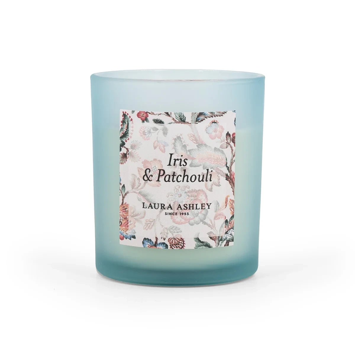 Laura Ashley geurkaars Iris & Patchouli – blauwe geurkaars met warme bloemige geur voor een sfeervol interieur.