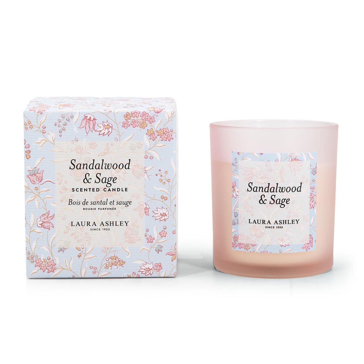 Laura Ashley geurkaars Sandalwood & Sage – roze luxe sfeerkaars met warme en frisse geur.