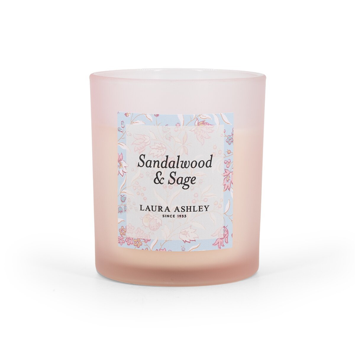 Laura Ashley geurkaars Sandalwood & Sage – roze luxe sfeerkaars met warme en frisse geur.