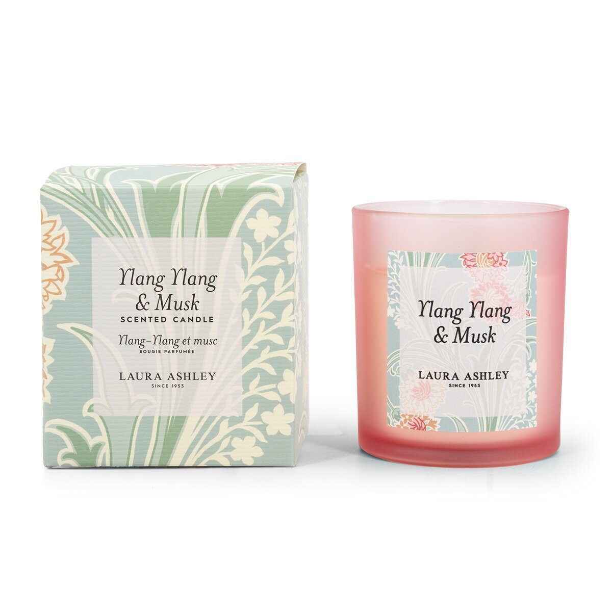 Laura Ashley geurkaars Ylang Ylang & Musk – roze luxe sfeerkaars met romantische geur.