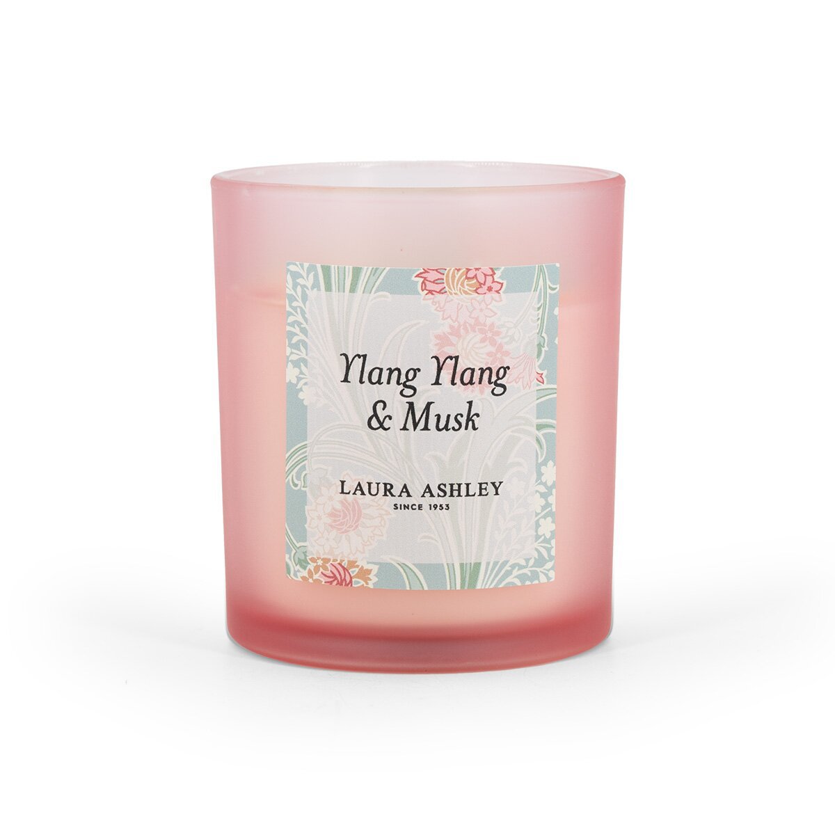 Laura Ashley geurkaars Ylang Ylang & Musk – roze luxe sfeerkaars met romantische geur.