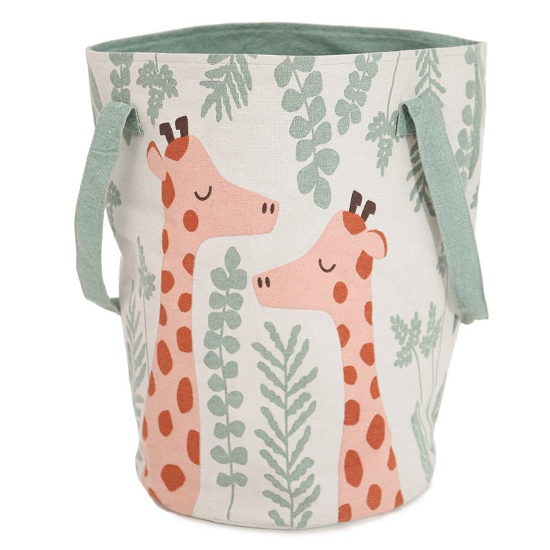 Katoenen opbergmand giraffe van Nattiot in oranje met bruine stippen en groene accenten, ideaal voor speelgoed, kleding of was in de kinderkamer of babykamer.