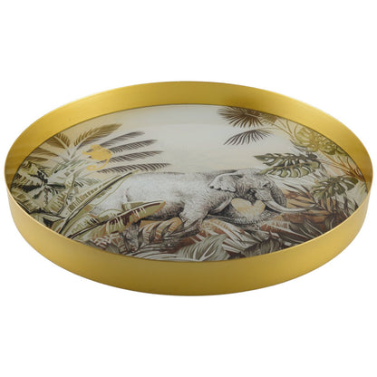 Rond goudkleurig plateau met Afrika dieren van Aulicia – decoratieve metalen schaal met olifant en savannahdetails
