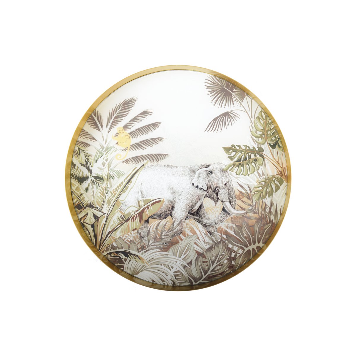 Rond goudkleurig plateau met Afrika dieren van Aulicia – decoratieve metalen schaal met olifant en savannahdetails