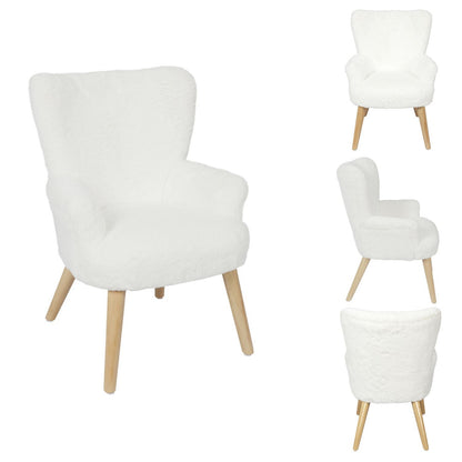 Witte Helsinki kinderfauteuil met houten basis en zachte teddy-stof voor kinderen in kinderkamer.