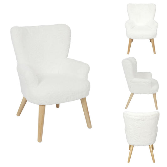 Witte Helsinki kinderfauteuil met houten basis en zachte teddy-stof voor kinderen in kinderkamer.