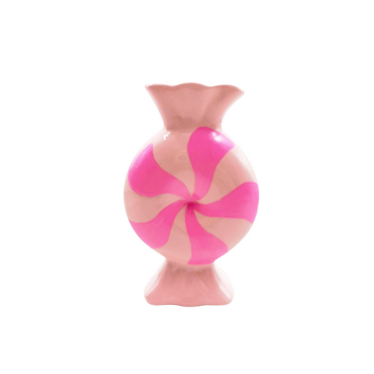 Roze gestreepte keramieken vaas "Toffee Candy" van Housevitamin op een witte achtergrond.