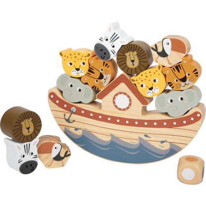 Houten balansspel Ark van Small Foot met safari dieren zoals olifant, giraffe, zebra, tijger en toekan voor peuters.