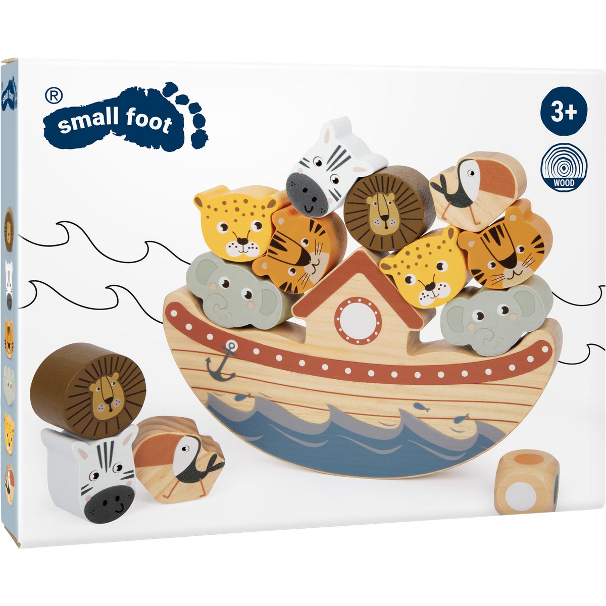 Houten balansspel Ark van Small Foot met safari dieren zoals olifant, giraffe, zebra, tijger en toekan voor peuters.