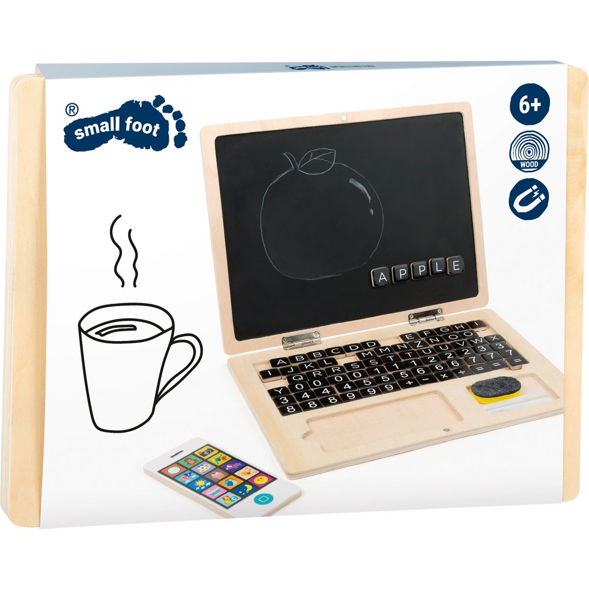 Houten speelgoedlaptop met magnetisch krijtbord, letters en cijfers, inclusief houten smartphone en spons.