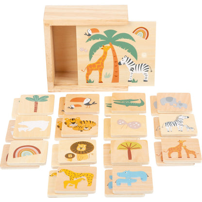 Houten memory safari spel met dieren zoals tijger, nijlpaard, krokodil, zebra en giraffe.