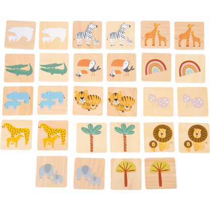 Houten memory safari spel met dieren zoals tijger, nijlpaard, krokodil, zebra en giraffe.