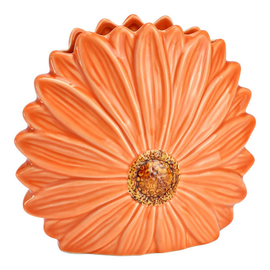 Oranje keramieken vaas in de vorm van een Gerbera bloem, decoratief woonaccessoire.