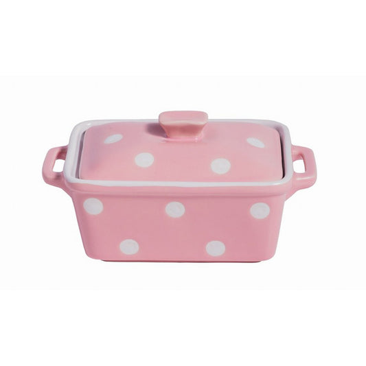 Roze keramische botervloot 16,5x10x8cm met deksel dicht vooraanzicht