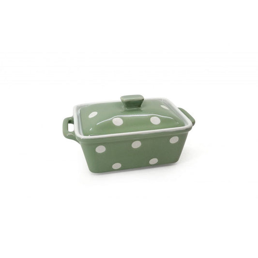 Saliegroene keramische botervloot (16,5x10x8cm) met deksel vooraanzicht