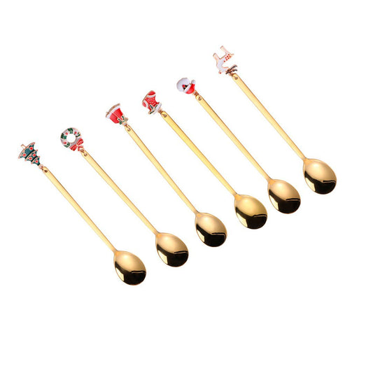 Gouden kerstlepels set van 6 met kerstboom, kerstkrans, kerstbel, kerstsok, kerstman en rendier – luxe tafelaccessoire van Aulicia voor kerst en feestdagen.