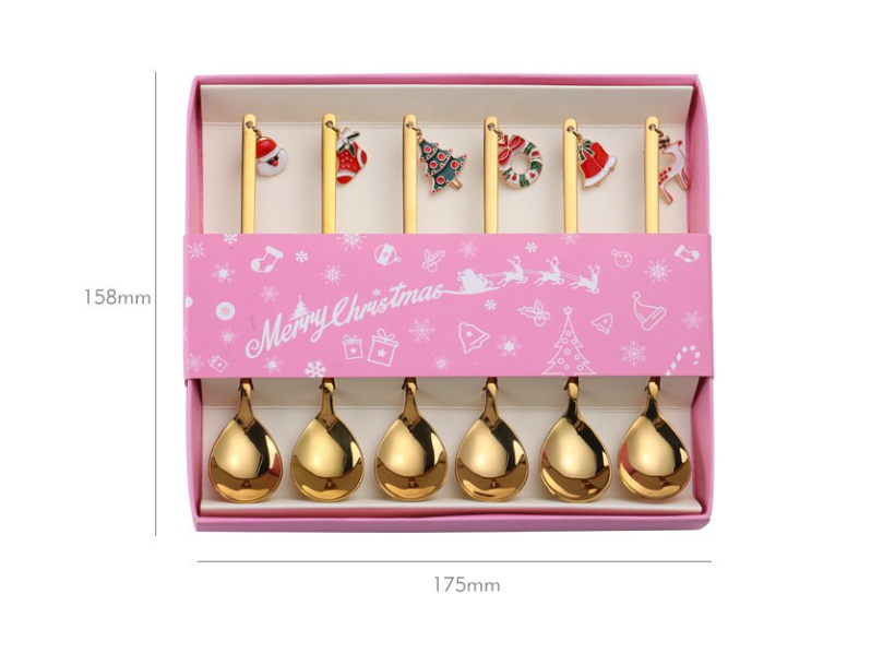 Gouden kerstlepels set van 6 met kerstboom, kerstkrans, kerstbel, kerstsok, kerstman en rendier – luxe tafelaccessoire van Aulicia voor kerst en feestdagen.