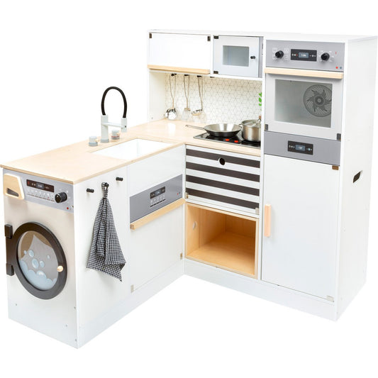 Kinderkeuken XL in zwart-wit design met fornuis, koelkast, wasmachine en pannenset, perfect voor kinderen en peuters om creatief te spelen.