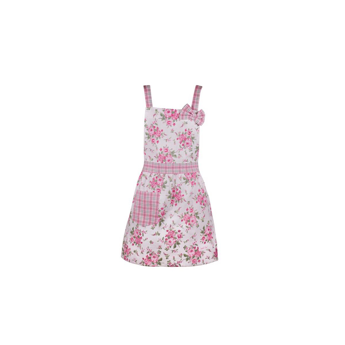 Wit katoenen kinderschort Bella met een print van roze rozen en verstelbare bandjes.
