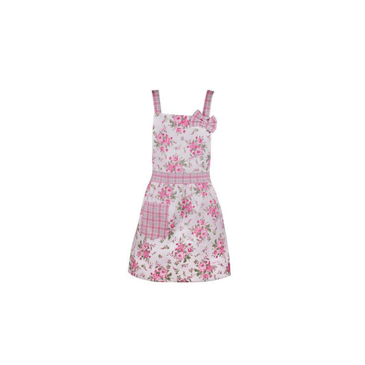 Wit katoenen kinderschort Bella met een print van roze rozen en verstelbare bandjes.