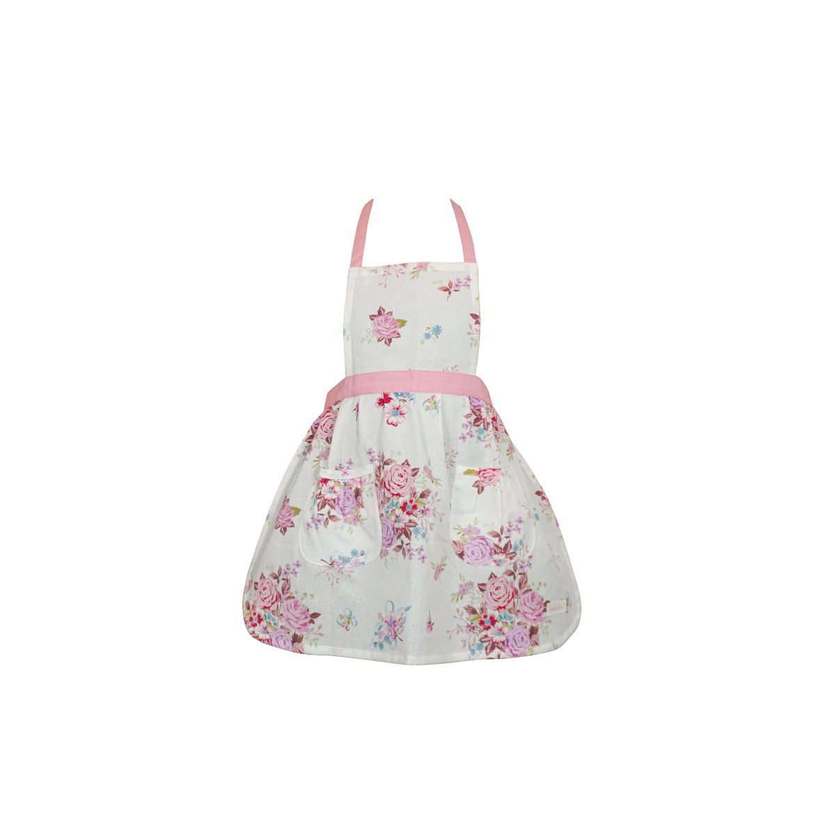 Roze en wit katoenen kinderschort Flora met bloemenprint, halternek en een wijde rok.