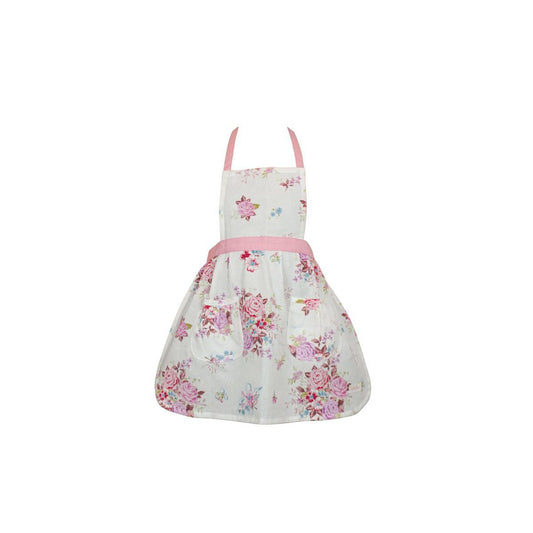 Roze en wit katoenen kinderschort Flora met bloemenprint, halternek en een wijde rok.