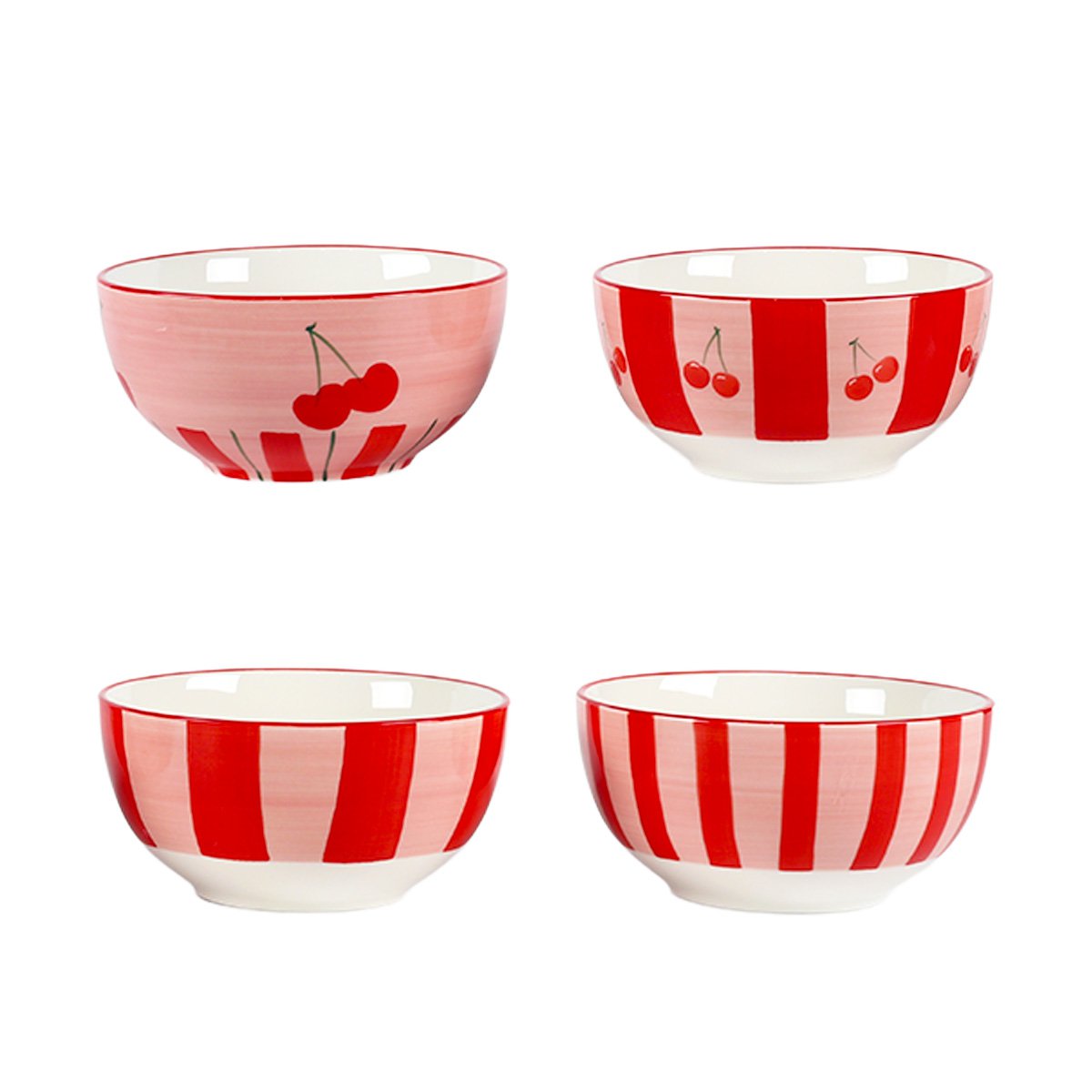 Set van 4 verschillende keramieken kommen met diverse kersenprints tegen een witte achtergrond.