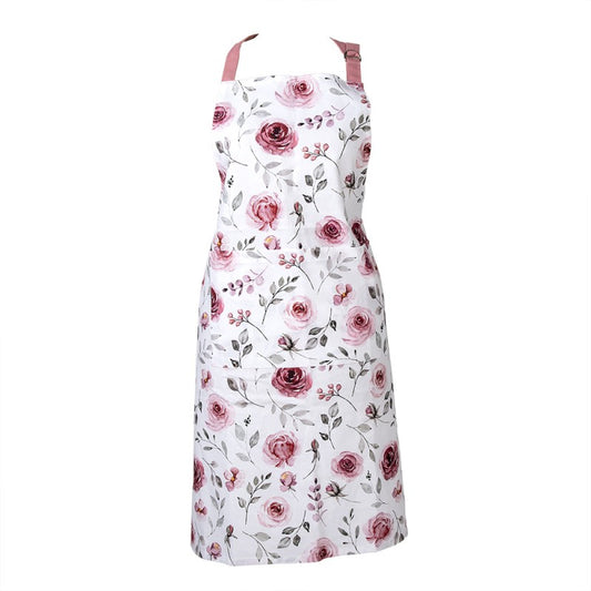 Clayre & Eef keukenschort Rustic Rose met rode rozen, bloemen en landelijke uitstraling van katoen