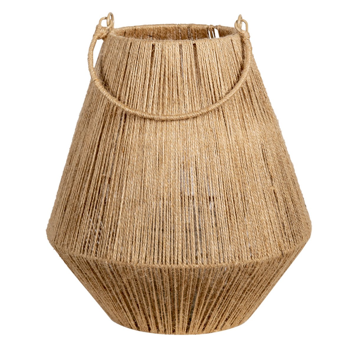 Vooraanzicht van het ronde, landelijke jute windlicht met een glazen binnenwerk op een strakke witte achtergrond.