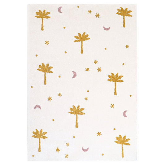 Little Palm Honey vloerkleed met roze maan, gouden sterren en gele palmboom, zacht en kindvriendelijk speelkleed.