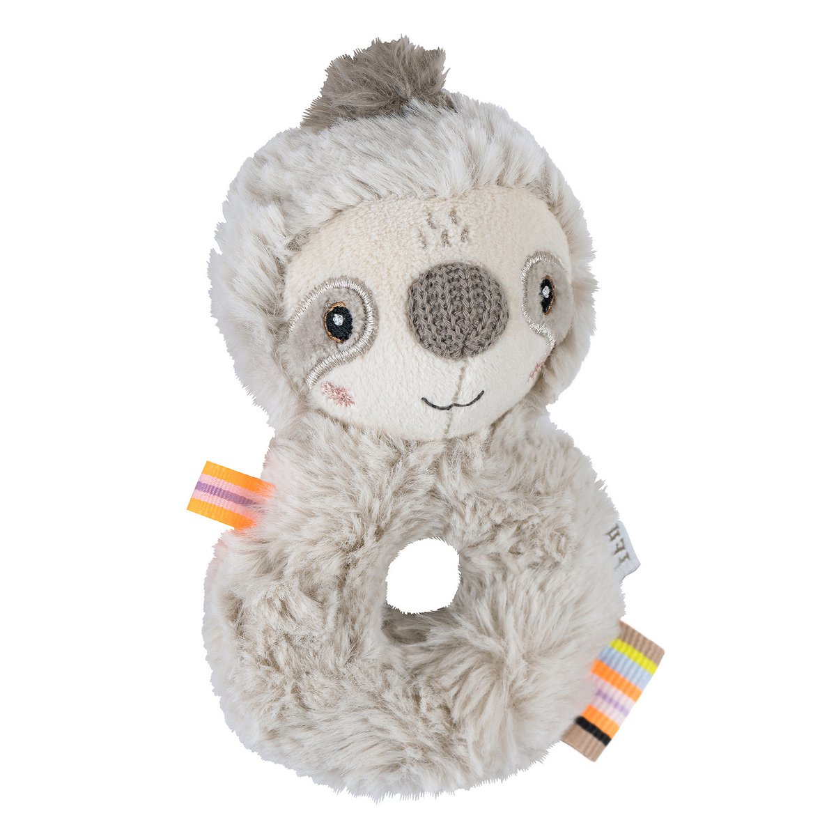 Rammelaar ring met zachte luiaard van Fehn, ideaal voor baby’s om te grijpen, voelen en spelen.