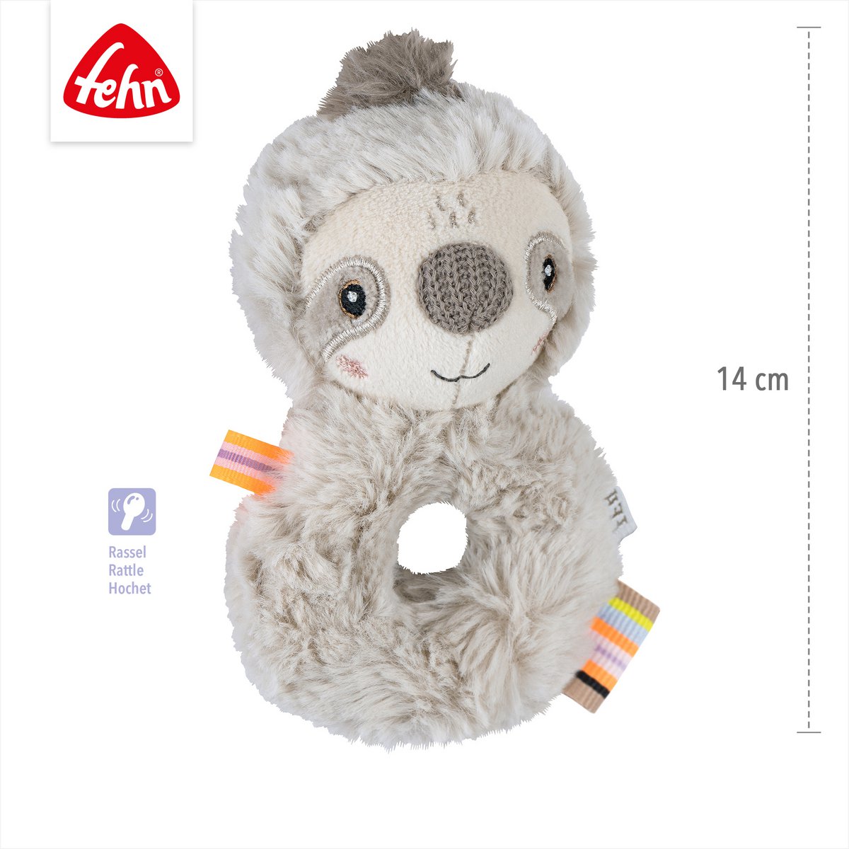 Rammelaar ring met zachte luiaard van Fehn, ideaal voor baby’s om te grijpen, voelen en spelen.