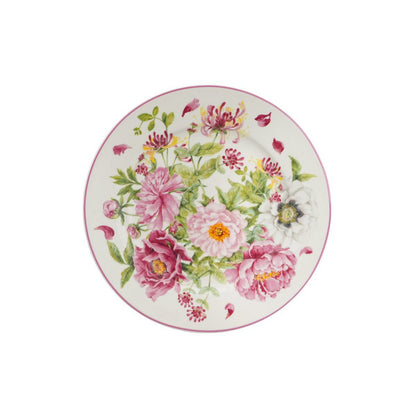 Bovenaanzicht van het porseleinen dessertbord Peony met pioenroosmotief op een strakke witte achtergrond.