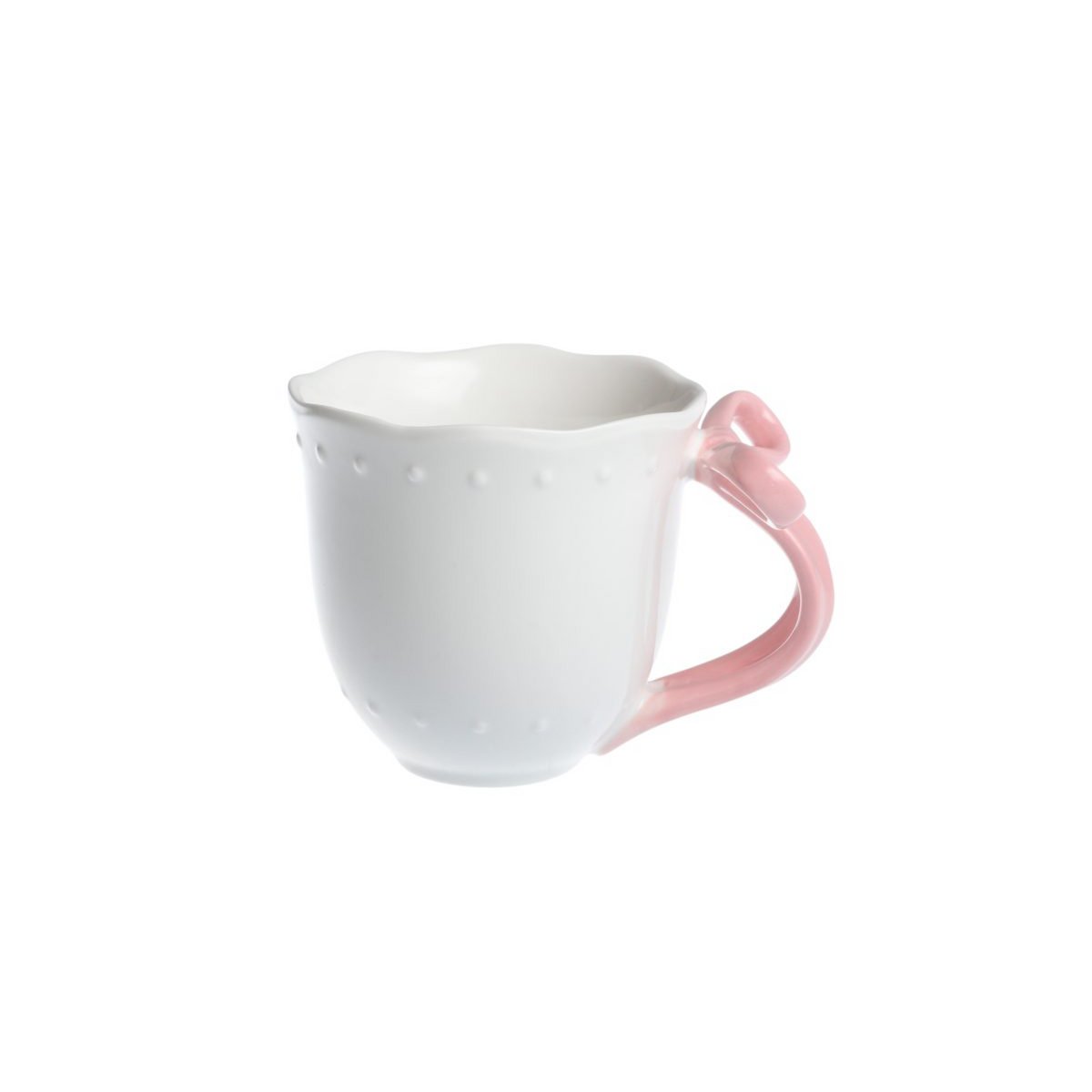 Vooraanzicht van de witte porseleinen mok Ribbon Grace met roze lintdecoratie.