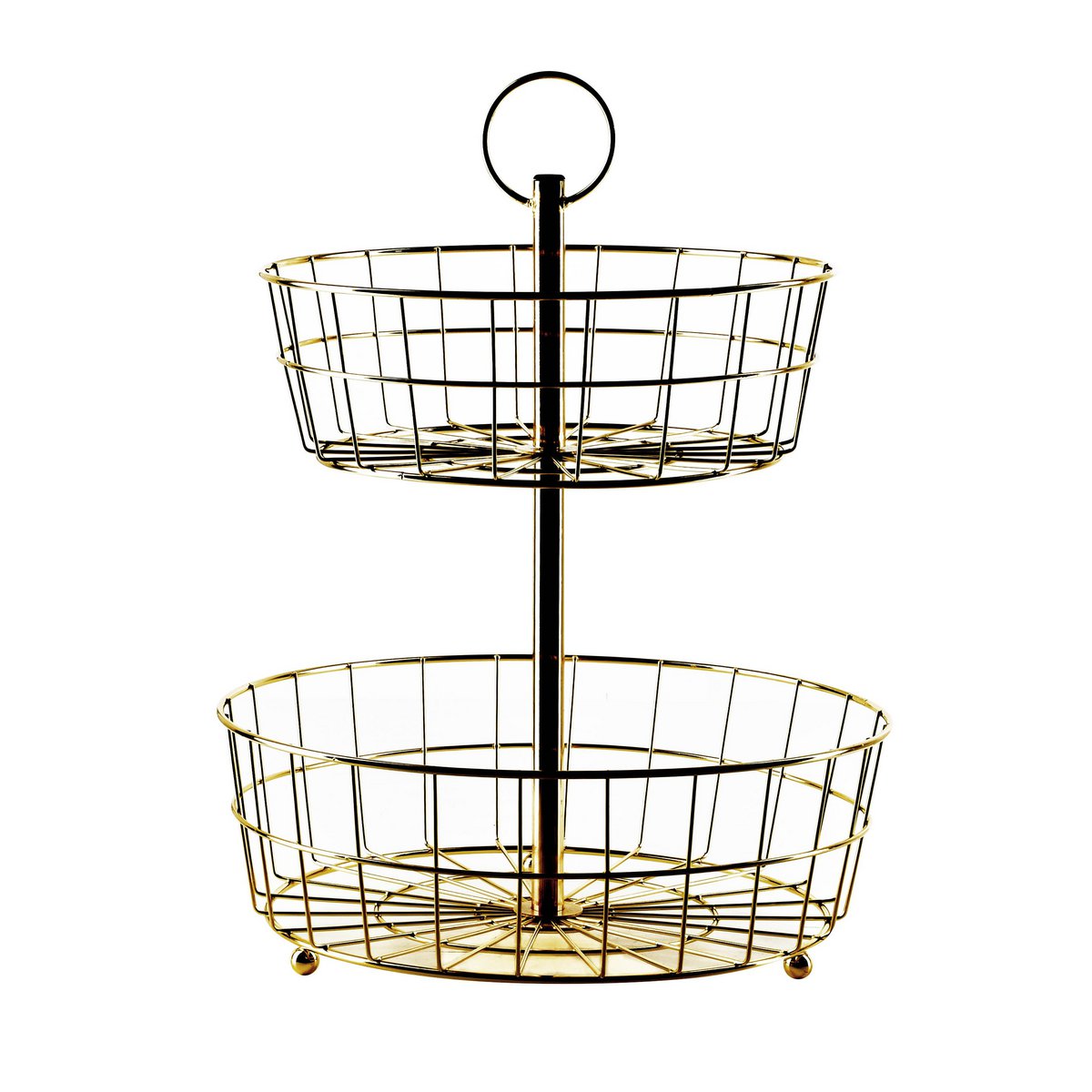 Mondex Etagère Fruitmand Goud – Luxe metalen etagère met twee manden voor fruit, snacks en decoratie, perfect voor keuken en tafel.