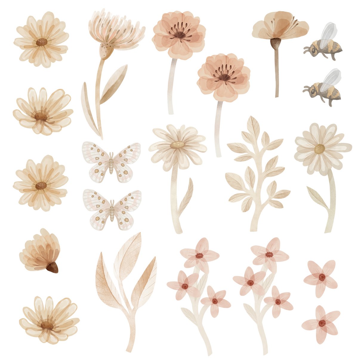 Muurstickers bloemenweide met bloemen, vlinders en bijen in beige en roze voor de kinderkamer