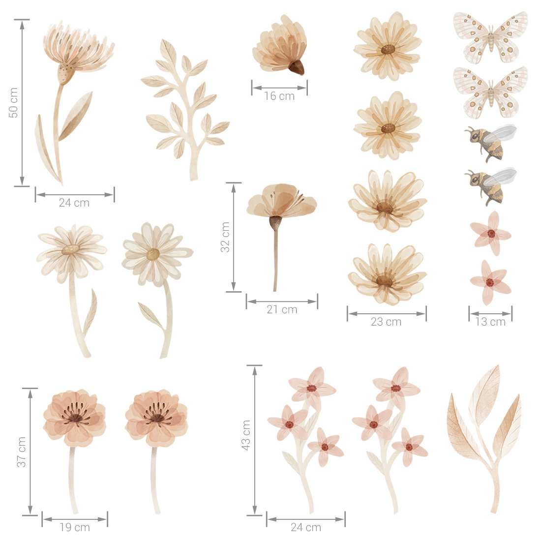 Muurstickers bloemenweide met bloemen, vlinders en bijen in beige en roze voor de kinderkamer