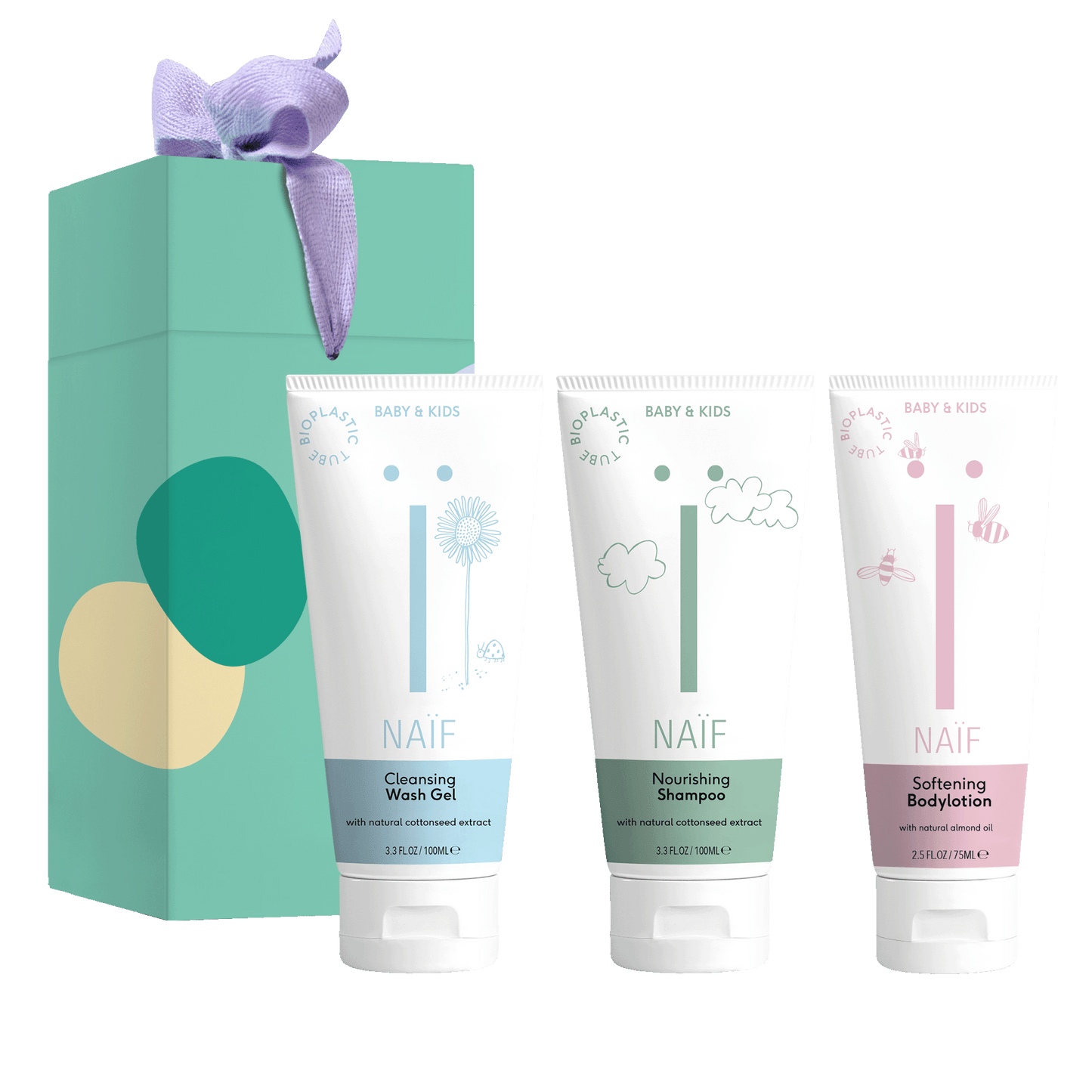 Naïf Mini Shower Routine Set voor Baby & Kids in blauw, groen, roze en wit verpakkingen, bestaande uit wasgel, shampoo en bodylotion.